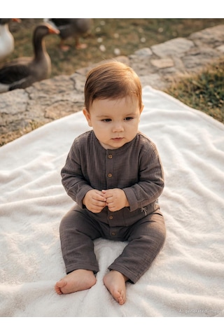 Civil Baby Palmiye Nakışlı 3-12 Ay Tulum - Kahverengi Acı Kahve