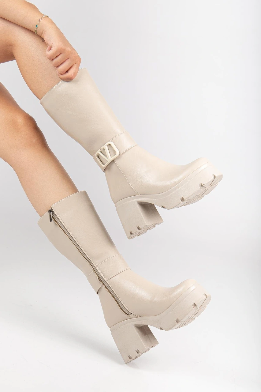 Bej Kadın Platform Topuklu Çizme Diz Altı Suni Deri Kemer Tokalı-4270 Bej