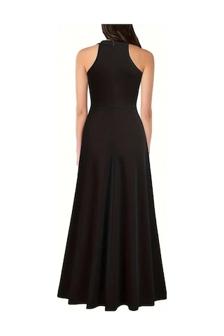 Ahes Shopping Kadın Halter Yaka Derin Yırtmaç Detaylı Tam Boy Ithal Krep Abiye Elbise Siyah