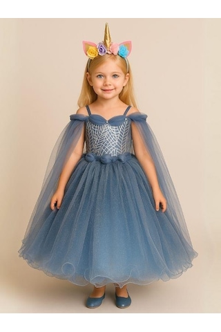 Kız Çocuk Omuzları Tül Detaylı Tarlatanlı Prenses Kostümü-16064 İndigo