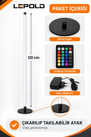 Rgb Led Lambader 120 Cm Kumandalı 16 Renkli Dekoratif Ayaklı Lamba, Parlaklık Ayarlı, Renk Geçişli Ortam Siyah