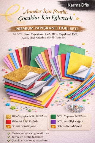 Yapışkanlı Hobi Seti A4 10 Lu Simli Yapışkanlı Eva, 10 Lu Yapışkanlı Eva, Keçe, Elişi Kağıdı, Şönil