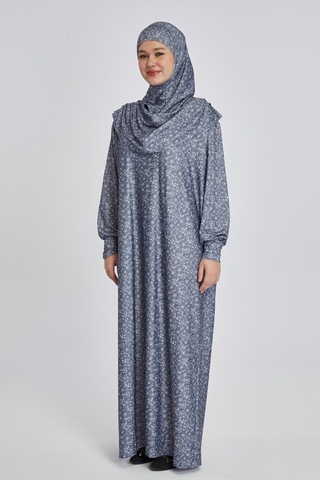 Pratik Tek Parça Çiçek Desenli Namaz Elbisesi Füme