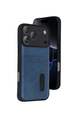 Apple İphone 17 Pro Max Uyumlu Deri Kartvizitli Kartlıklı Premium Telefon Kılıfı Kapak Lacivert
