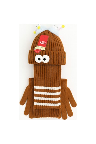 Uğur Bebe Kitti Kahverengi 3 Lü Set 4-8 Yaş Polar Astarlı Şapka, Atkı Ve Eldiven Takımı Yumuşacık,tasarım Kahverengi Kahverengi