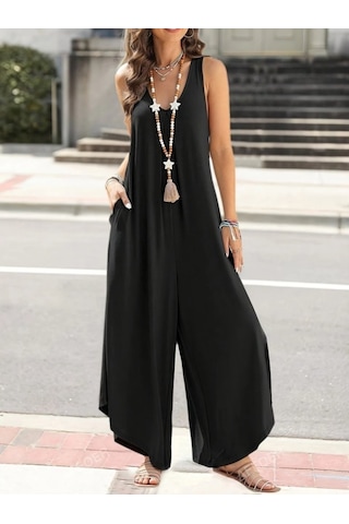 Ahes Shopping Kadın Askılı Yuvarlak Yaka Cepli Salaş Uzun Viskon Tulum Siyah