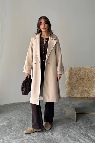 Neşeli Butik Kadın Kuşak Detaylı Astarlı Kaşe Kaban Nbg120 Bej