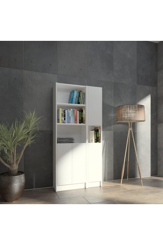 Flat85 Kitaplık 4 Kapaklı Kütüphane Çok Amaçlı Dolap Beyaz Çok Renkli