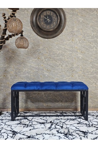 Zafir Siyah Boyalı İçi Kareli Diktörtgen 100 Cm X 40 Cm Oturak Puf - Bench - Makyaj Oturağı - Oturak Mavi