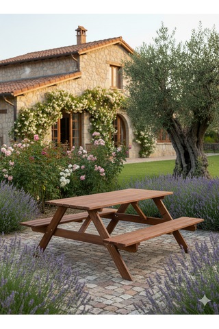 Masif Çam Piknik Masası Dış Mekan Ahşap Bahçe Oturma Grubu Kahverengi