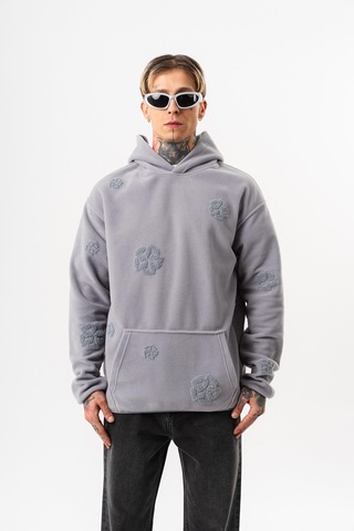 Respire Erkek Süzene Nakış Detaylı Kapüşonlu Oversize Polar Hoodie Gri