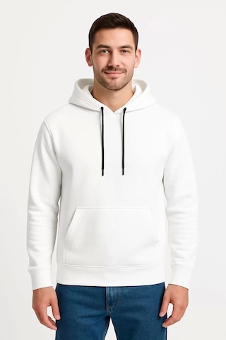 Erkek Üç İplik Kapüşonlu Kanguru Cepli Sweatshirt Hoodie - Beyaz Beyaz