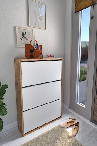 Bofigo Düşer Kapak Ayakkabılık Kayar Raflı Ayakkabılık 3 Bölmeli Ayakkabılık Melek Çam-Beyaz