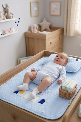 Kapitone Bebek Alt Açma Matı Yastıklı Kutup Ayısı Desenli Mavi Taşınabilir Alt Değiştirme Örtüsü