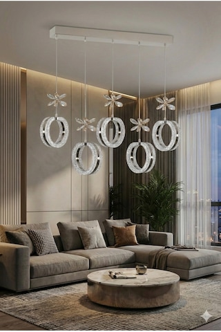 Aurea Model 5"li Gümüş 3 Renk Modu Yemek Masası Oturma Çocuk Yatak Odası Modern Ledli Avize Altın