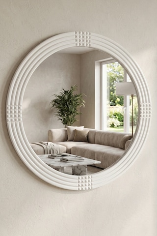 Safir Beyaz Dekoratif Ayna Yuvarlak Işlemeli Duvar Aynası 43 Cm Beyaz