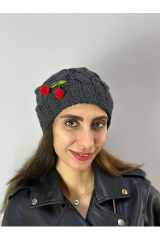 Gönülden Tasarım El Örgüsü Kirazlı Füme Kadın Bere Renkli