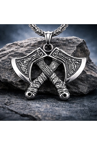 Nordic Mitoloji Viking Çift Balta Kolye Paslanmaz Çelik Erkek Kolye Gümüş