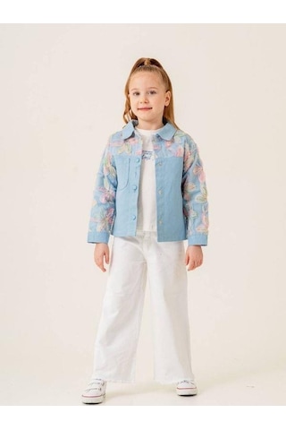 Kız Çocuk Tüllü Çiçek İşlemeli Kot Ceket T-shirt İkili Takım-15512 Mavi