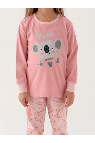 Kız Çocuk Koala Baskılı Uzun Kollu Pijama Takımı-16035 Pembe