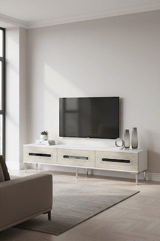 Tsa1806bts - Rany Tsa180 Tv Stand, Tv Sehpası Ve Tv Ünitesi Beyaz-traverten-sılver 180cm