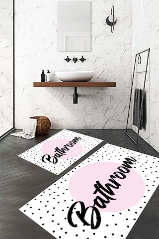 Bathroom Yazılı Banyo Paspası, Dekoratif Paspas, Yıkanabilir, Beyaz