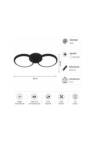 AvizeGO Onto Led Plafonyer Avize Beyaz Işık Siyah