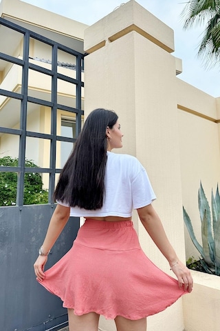 İpli Pembe Renk Bürümcük Kumaş Etek Şort Pembe