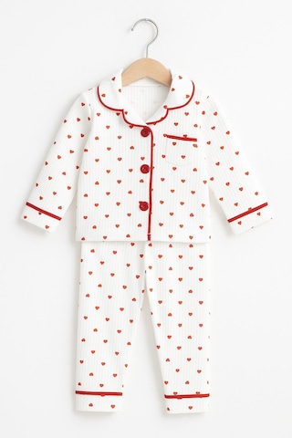 Kız Bebek Kalpli Pamuklu Pijama Takımı Uzun Kollu, 2 Li Set 08757 Beyaz