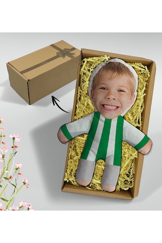 Bk Gift Hediye Kutusunda Kişiye Özel Fotoğraflı Çocuk Yeşil Beyaz Futbolcu Bebek Yastık-1, Arkadaşa Hediye, Sevgiliye Hediye, Doğum Günü Hediyesi