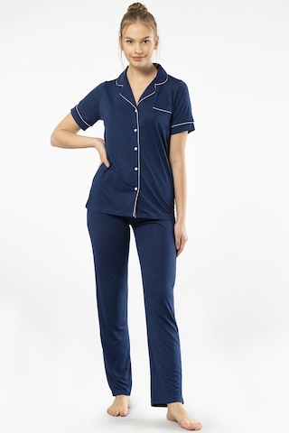 Türen 3368 Kadın Kısa Kollu Gömlek Yaka Pijama Takım-lacivert Lacivert