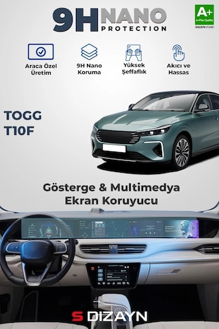 S-dizayn Togg T10f 9h Nano Gösterge & Multimedya Ekran Koruyucu 2'li Set Parlak 2025 Üzeri A+ Kali