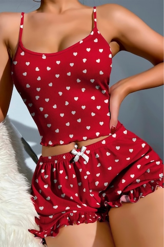 Lily Bianca Nightwear Askılı Göbek Kısmı Dekolteli Fiyonk Detaylı Ve Şortlu Penye Gecelik Kırmızı