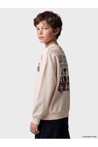 LC Waikiki Lcw Kids Bej Baskılı Erkek Çocuk Kalın Sweatshirt Lıght Beıge