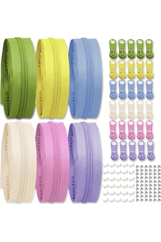 Fochsia 38 Renkli Makaron Tonları 6 Rulo 4 Yard Renkli Fermuarlar 50 Alt Stoper 100 Üst Stoper