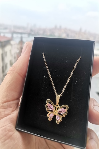 Ervanur Altın Kaplama Pembe Zirkon Taşlı Kelebek Kolye Altın