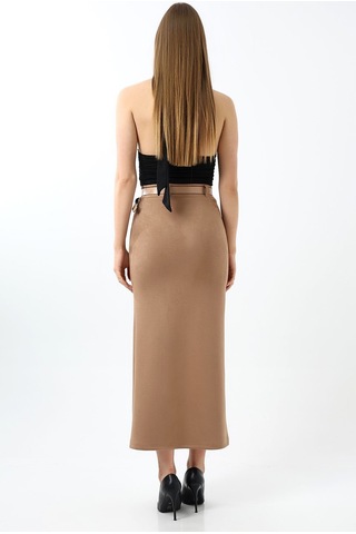 Winmoda34 Kadın Uzun Kemerli 92cm Maxi Boy Yırtmaçlı Süet Etek Bej