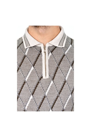 Kamalı Erkek Çelik Örgü Baklava Desenli Gömlek Yaka Fermuarlı Polo Yakalı Tüylenmez Triko Kışlık Baba Kazak Taş