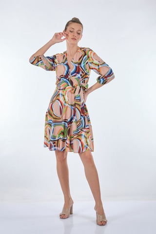 Explosion Midi V Yaka Sarımlı Elbise - Geometrik Desen - Günlük L