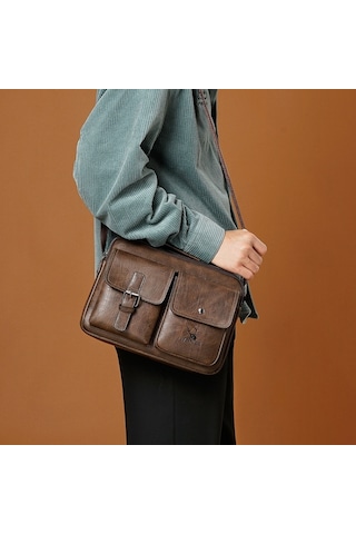 Weıxıer 9558 Büyük Kapasiteli Erkek Çantası Retro Omuz Çantası Koyu Kahverengi