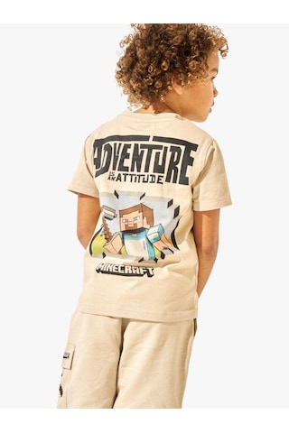 Miniko Kids Erkek Çocuk Sıfır Yaka Mınecraft Modelli Pamuk Tişört Bej