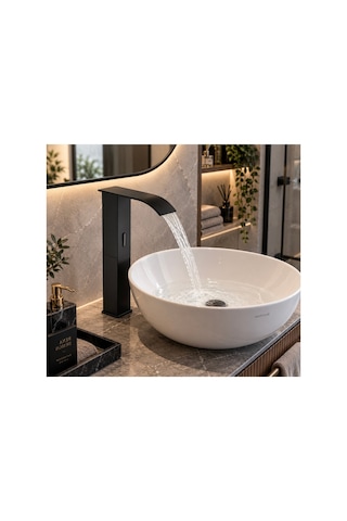 Rena Design Fotoselli Sensörlü Siyah Kare Çanak Lavabo Bataryasi Temassiz Otomatik Tasarruflu Modern Musluk