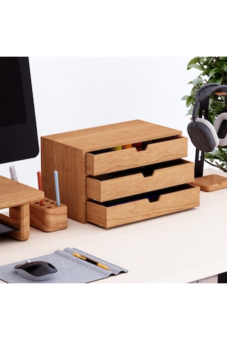 Desna Üç Katlı Üç Çekmeceli Dolap - Kiraz 34 Cm Uzunluk X 19 Cm Derinlik X 20 Cm Woodsaka Doğal Ahşap