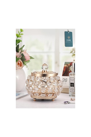 Chacha Home Luxury Lucent Lüks Kapaklı Kristal Mücevher Kutusu, Organizer, Düzenleyici, Şekerlik Küçük Boy Gold