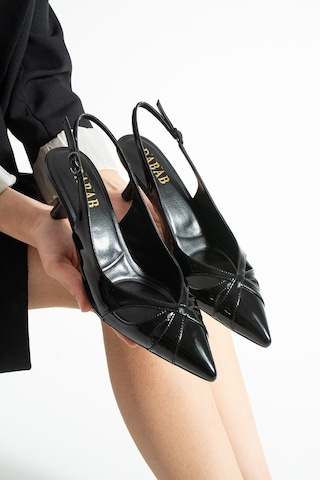 Dabab Shoes Sıeny Kadın Siyah 6 Cm Topuklu Arkası Açık Tokalı Sivri Burun Rugan Ayakkabı