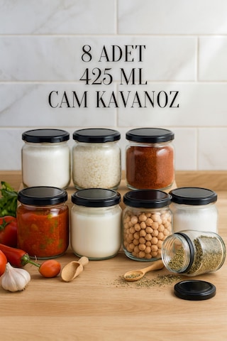 8 Adet 425 Ml Metal Konserve Kapaklı Yoğurt, Sosluk, Baharatlık, Menemen 425 Cc Cam Kavanoz Siyah