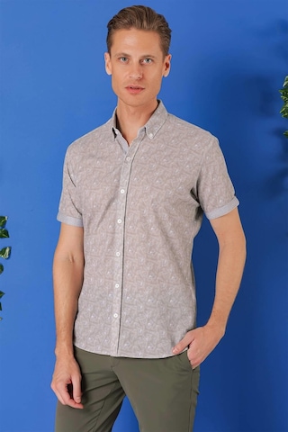 Efor Slim Fit Düğmeli Yaka Desenli Kısa Kol Pamuk Gri Gömlek G 1504 Gri