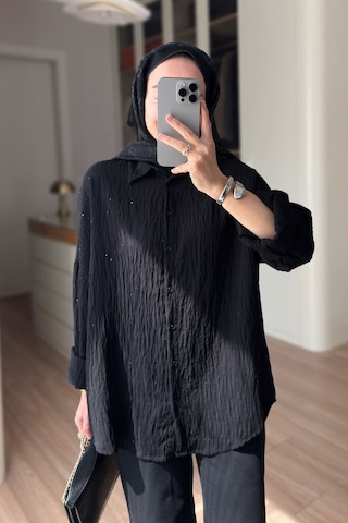 Kahijab Nakışlı Pul Detay Oversize Gömlek - Siyah