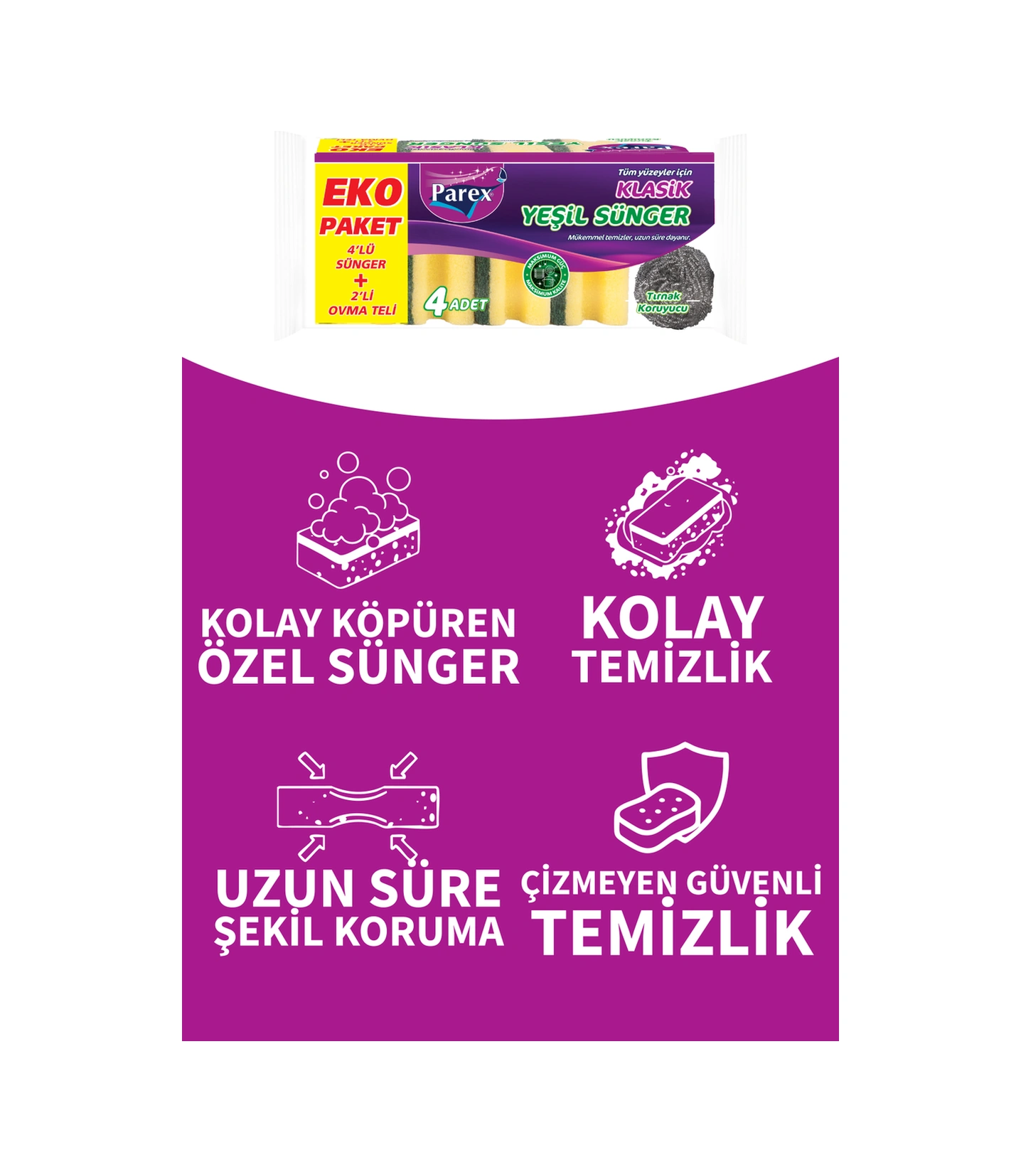 Klasik Yeşil Sünger Oluklu 4'lü + 2 Li Ovma Teli