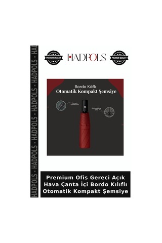 Hadpols Premium Ofis Gereci Açık Hava Çanta İçi Bordo Kılıflı Otomatik Kompakt Şemsiye